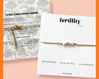 Fertility Bracelet – Moonstone, Rose Quartz, Aquamarine – Gold Chain Adjustable Crystal Bracelet for Infertility, IVF, Pregnancy Support