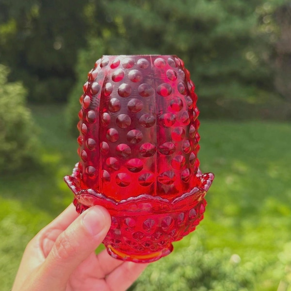 Vintage Fenton Amberina Hobnail Glass Fairy Lamp, Red Orange Fairy Light, Mid Century