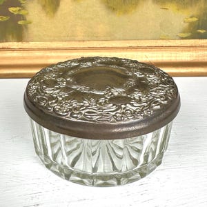 Vintage Art Deco Pressed Crystal Glass Powder Box with Ornate Metal Lid Silverplate Mirror-Lid