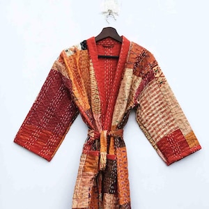 Handmade Cotton Kantha Robe:  patola kantha Kimono Style Bath Robe patchwork robe