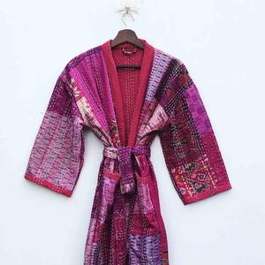 Handmade Cotton Kantha Silk Kimono Robe; Patchwork Quilted Women's Dressing Gown