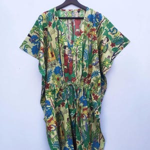 Indian Cotton Kaftan: Floral Print, Adjustable Drawstring Waist