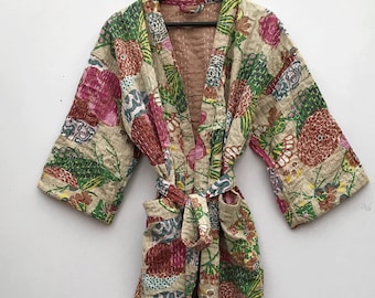 Indian Kantha Quilted Kimono Robe; Block Print Flower Dressing Gown Gift For Bridesmaid Robe