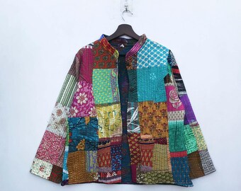 ハンドステッチ　パッチワーク　ジャケット ダークパープルピュアシルクハンドメイドパッチワークコットン