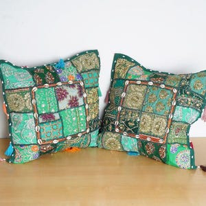 Handmade Embroidery Square Floor Pillow Cotton Sequin vintage Patchwork Cushion Cover.