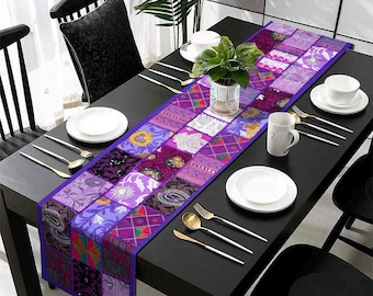 Chemin de table patchwork vintage violet baie, broderie textile faite à la main, art mural, nappe, dessus de table, tapisserie décorative faite à la main