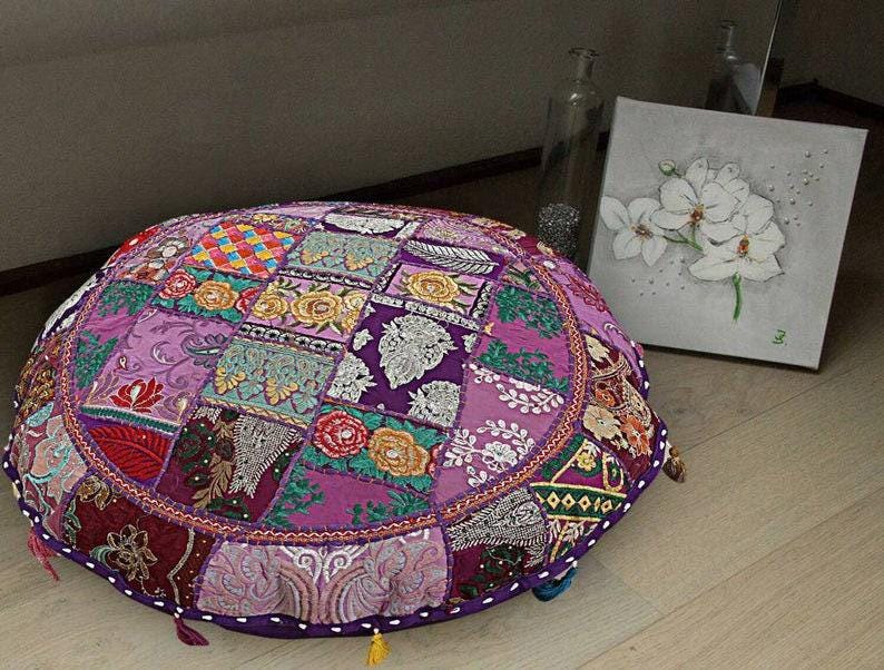Indian Handmade Round Patchwork Cushion Cover - 32 Inch Bohemian Floor Pillow