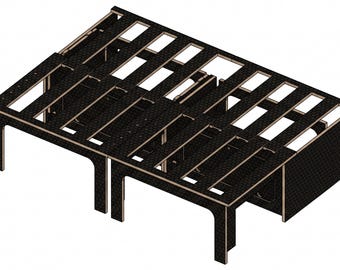 May include: A black, rectangular, modular bed frame platform constructed from interconnected wooden slats. The structure features a grid-like surface with open rectangular gaps and sturdy, arched legs at each corner, providing a stable base.