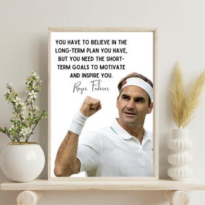 May include: A motivational quote by Roger Federer, a famous tennis player, on a white background with a photo of him in a white tennis outfit. The quote reads: "You have to believe in the long-term plan you have, but you need the short-term goals to motivate and inspire you."
