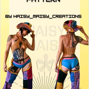 May include: Image of a crochet chaps pattern. The image shows a woman wearing a crochet top, chaps, and a hat. The chaps are patchwork with various colors. The text "CROCHET CHAPS PATTERN" is at the top.