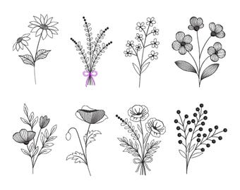 8 wilde bloemen machineborduurontwerpen, weidebloemen, zeer fijne tekeningen, botanische bladkrabbel,