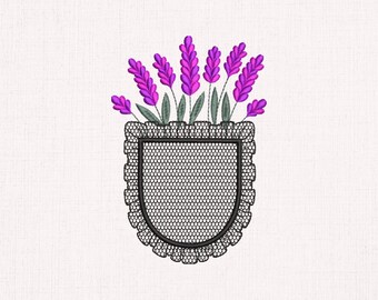 Fake Pocket Lace Lavender flower Bouquet Embroidery design, Ruffle Pocket kids girls outfit 4X4