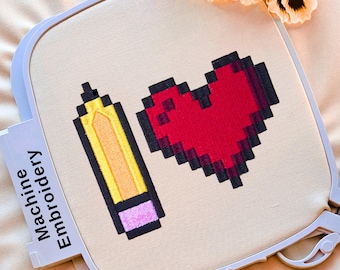 Back to School Pixel Heart Pencil Embroidery Design, Teacher Gifts & Students Machine embroidery pattern 10 Sizes from 2 to 7.75 Inches