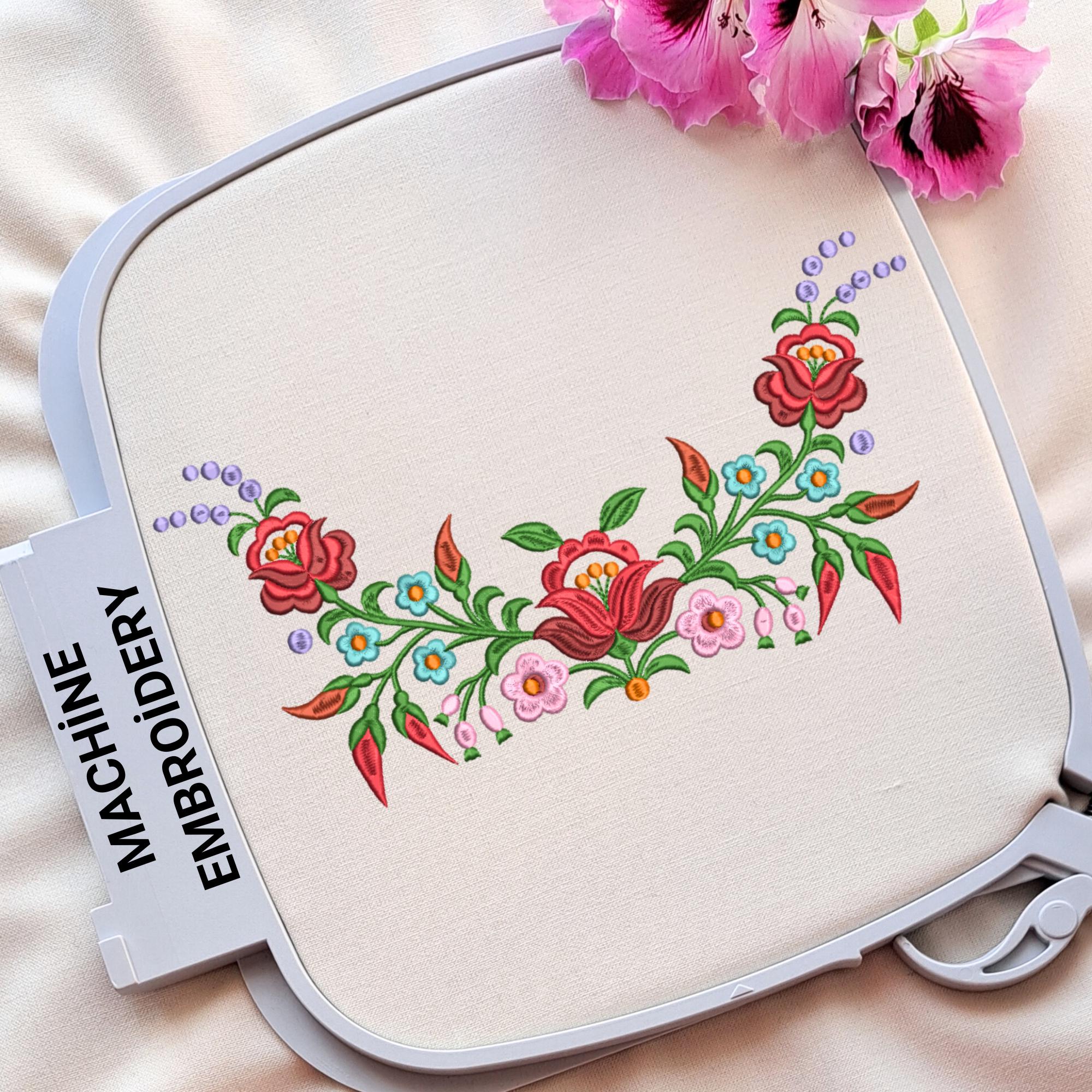 Polnische Folklore Blumen Bordüre Maschinenstickerei Design - Elegante zweiseitige Bordüre Blumen Stickmuster