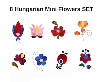 8 Hungarian Folk art Mini Flowers Set Embroidery Design, 1 inch
