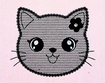 Kawaii Cat Face Embroidery Design, 11 Sizes, Quick Stitch Lace Fill, Small Cute Black Kitten, Girl Pastel Halloween Machine Embroidery