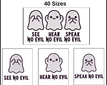Cute Three Ghost Embroidery Design, See Hear Speak No Evil, 4 design 40 sizes, Halloween Set Machine Embroidery Trio Ghosts Embroidered File