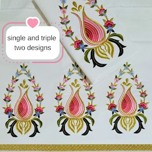 Puede incluir: Tela blanca con bordados dorados y negros de diseños florales. El diseño presenta una forma de lágrima rosa y blanca con un diseño único y un diseño triple.