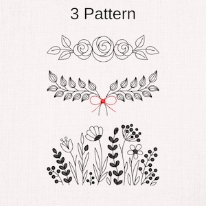 May include: Three floral embroidery patterns are displayed against a neutral background. The top pattern features roses, the middle one has leaves with a red bow, and the bottom one showcases various wildflowers and foliage. The text "3 Pattern" is at the top.