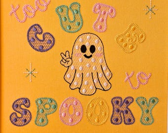 Halloween Too Cute To Spooky Peace Sign Ghost Machine Embroidery Design 4x4 5x7 Polka Dot Lace Fill Chain Stitch Baby Girl Pastel Halloween