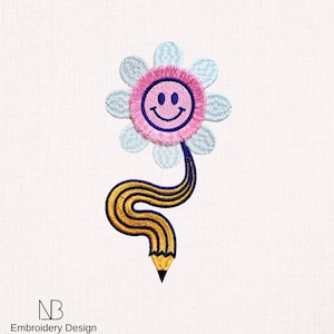 May include: An embroidered patch featuring a flower with light blue petals and a pink center containing a dark blue smiley face. The flower stem is a long, wavy yellow pencil with dark blue outlines and a black tip, pointing downward.