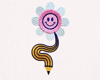 Fringe Smiley Daisy Pencil Machine Embroidery Design for School Girls & Teachers, Floral Embroidery File, 4x4 5x7 Hoop, 9 Sizes