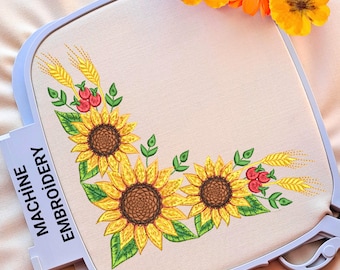 Corner Sunflower Embroidery Design Farmhouse Floral Machine Pattern 4x4 hoop included 10 sizes