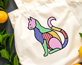 Patchwork Cat Machine Embroidery Design, 9 sizes