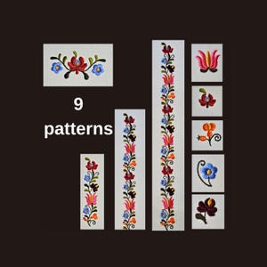 Könnte beinhalten: Neun florale Stickmuster werden auf dunklem Hintergrund gezeigt. Die Muster umfassen ein rechteckiges Design und mehrere vertikale Streifen mit bunten Blumen. Der Text "9 patterns" befindet sich in der Mitte.
