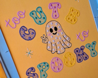 Halloween Too Cute To Spooky Peace Sign Ghost Machine Embroidery Design 4x4 5x7 Polka Dot Lace Fill Chain Stitch Baby Girl Pastel Halloween