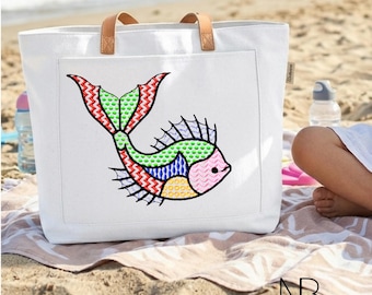 Patchwork swimming fish machine embroidery design, 10 Sizes