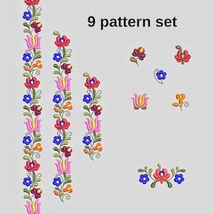 May include: A set of nine floral embroidery patterns. The designs feature red, blue, purple, and orange flowers with green leaves. The text "9 pattern set" is displayed in black.