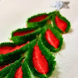 May include: A close-up of a red and green embroidered Christmas tree design. The tree is made of velvet and has a fluffy texture.
