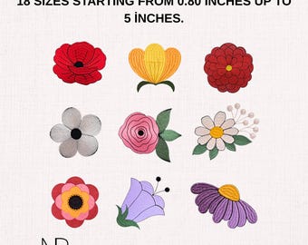 9 Retro Mini Flowers Machine Embroidery Design Bundle, Cottagecore Tiny Floral Accent Patterns for Baby, Pocket & Sock Embroidery 17 Sizes