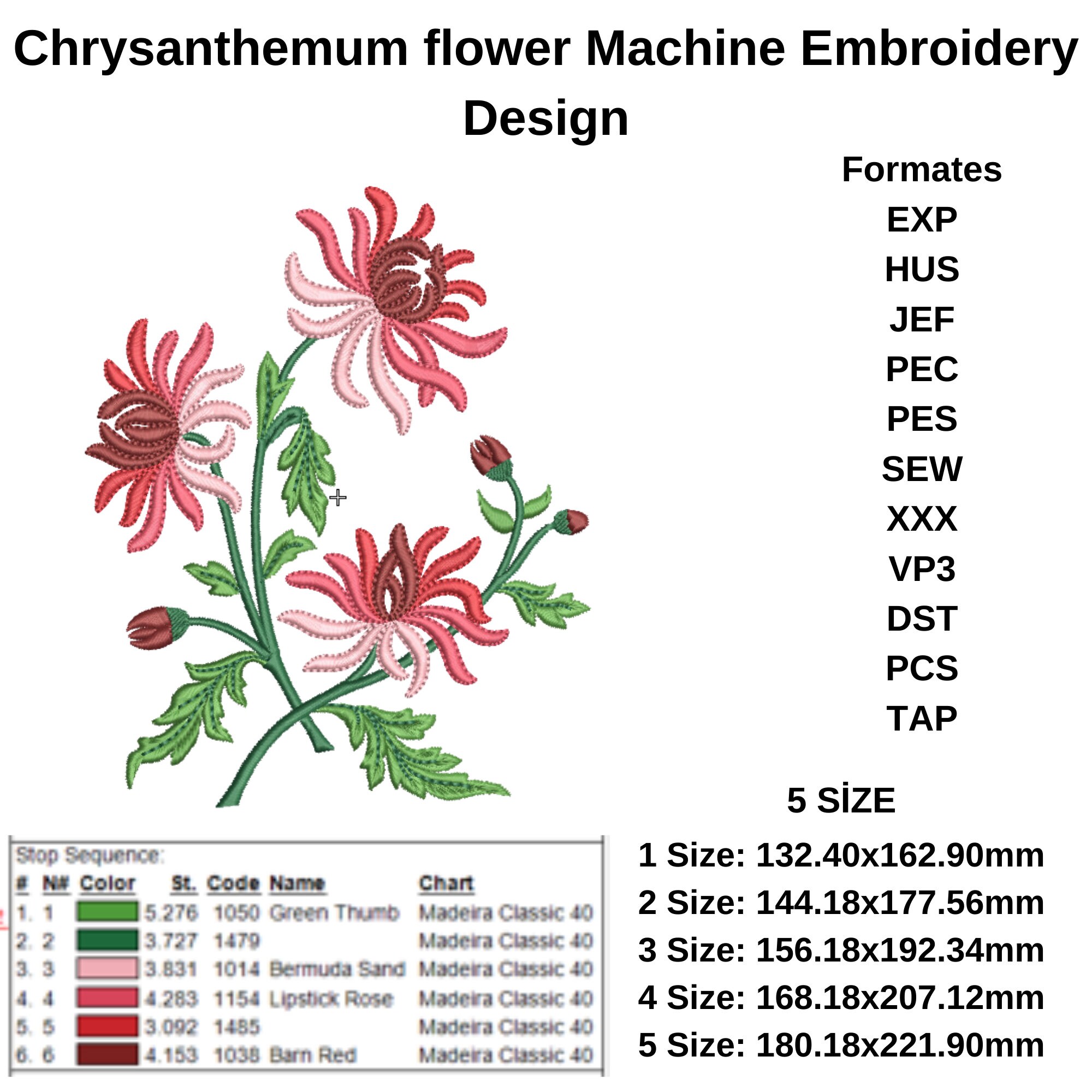 Chrysanthemum Flower Machine Embroidery Design File 5 Size Patterns for