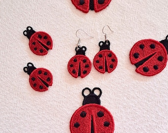 Ladybug FSL Earrings Charm In The Hoop Freestanding Jewelry Embroidery Design ITH Project 4sizes