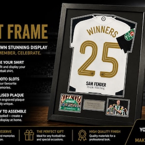 May include: A black rectangular DIY shirt frame containing a white football jersey with the text WINNERS and the number 25 in gold. The frame includes two 6x4 photo slots and a central plaque, designed to display a sports shirt and photographs.