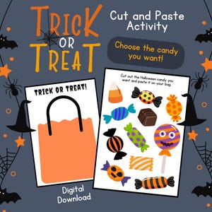 May include: A printable Halloween trick or treat activity for children. Cut out the sweets and paste them on the bag. The printable features a variety of Halloween sweets, including lollipops, candy corn, and chocolate.
