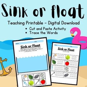 Könnte beinhalten: Eine druckbare Lernaktivität für Kinder, um das Sinken und Schwimmen zu lernen. Das Arbeitsblatt enthält eine Ausschneide- und Klebeaktivität mit Bildern von einem Löffel, einem Apfel, einem Tennisball, einer Flasche, einem Blatt, einer Münze und einem Stein. Es gibt auch einen Abschnitt zum Nachzeichnen der Wörter "Schlüssel", "Ball", "Blatt", "Apfel", "Flasche", "Münze", "Löffel" und "Stein".