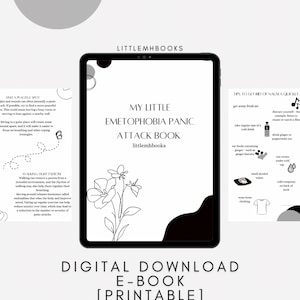 May include: Digital download e-book titled "My Little Emetophobia Panic Attack Book" with 14 pages. The cover features a floral illustration and the text "littlemhbooks". Includes tips to get rid of nausea quickly.