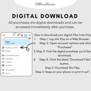 May include: A screenshot of a computer screen showing instructions on how to download digital files from Etsy. The instructions are written in black text on a white background. The screenshot shows a portion of the Etsy website, including the "Purchases and Reviews" section of the Etsy account menu.
