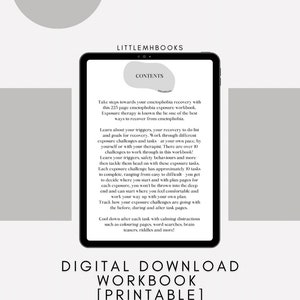 May include: A digital download workbook for emetophobia recovery. The cover shows a tablet screen with the title "Contents" and a description of the workbook. The workbook includes over 10 challenges to work through, with approximately 10 tasks per challenge. The workbook also includes calming distractions such as coloring pages, word searches, brain teasers, and riddles.