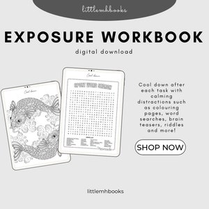May include: A digital download workbook for exposure therapy. The workbook includes a printable coloring page with two koi fish and a word search puzzle with the word "Sport Word Search" at the top. The text "Cool down after each task with calming distractions such as coloring pages, word searches, brain teasers, riddles and more!" is also included. The text "Shop Now" is in a button.