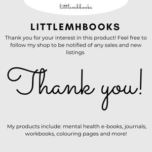 May include: Thank you for your interest in this product! Feel free to follow my shop to be notified of any sales and new listings. Thank you! My products include: mental health e-books, journals, workbooks, coloring pages and more!