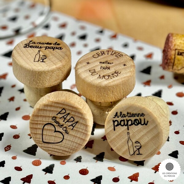 Bouchon personnalisé en bois et liège pour bouteille de vin - Cadeau fêtes, mariage, baptême, naissance, evjf, anniversaire