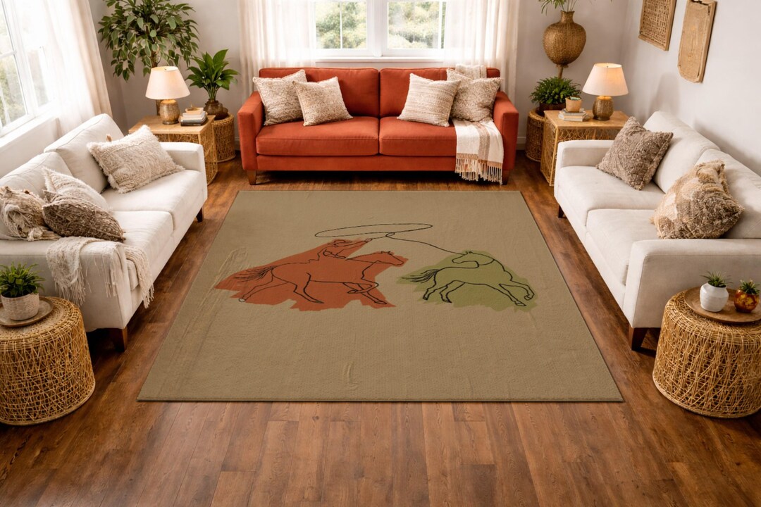 Rodeo Rug Western Rodeo Scene Rug, Cowboy Lasso Artwork, Southwestern Horse ...