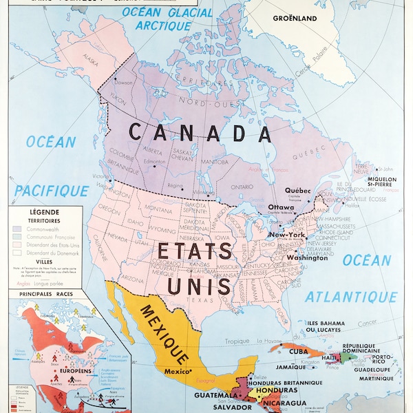 Vintage School Poster World Maps - U.S.A. Canada - Wall Decoration Poster A3+ (32 x 45 cm).