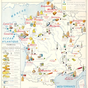 Affiche Vintage Scolaire  Cartes de France - France Industrie Alimentaire - Poster Décoration Murale A3+ (32 x 45 cm).