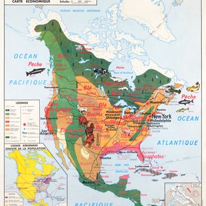 Affiche Vintage Scolaire  Cartes du monde - Amérique du Nord économie - Poster Décoration Murale A3+ (32 x 45 cm).