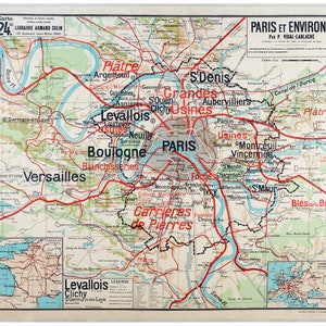 Vintage School Poster Mapas de Francia - Alrededores de París 1950 - Cartel de decoración mural A3+ (32 x 45 cm).